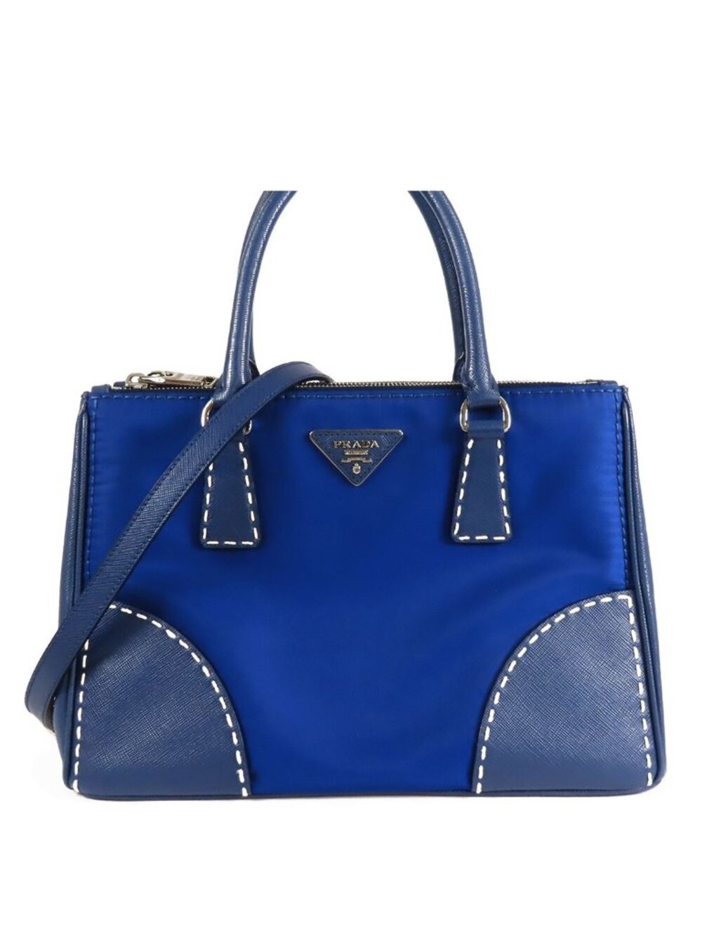 Prada Blue Tessuto Saffiano 2-Way Shoulder Bag Hand Stitch
